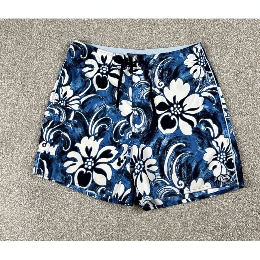 Quick Silver Swim Trunks Men 34 Blue Floral Cargo Board Shorts Pockets 6" Inseam